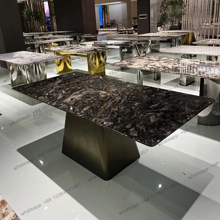 YJ Platinum Diamond Luxury Stone Dining Table Imported Natural Marble Rectangular High End Villa Dinner Table