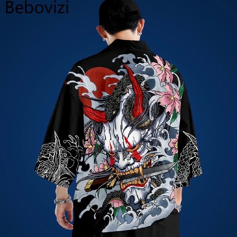 5XL 6XL Japanese Traditional Demon Print Kimono Cosplay Samurai Haori Obi Women Men Cardigan Beach Yukata Asian Clothes