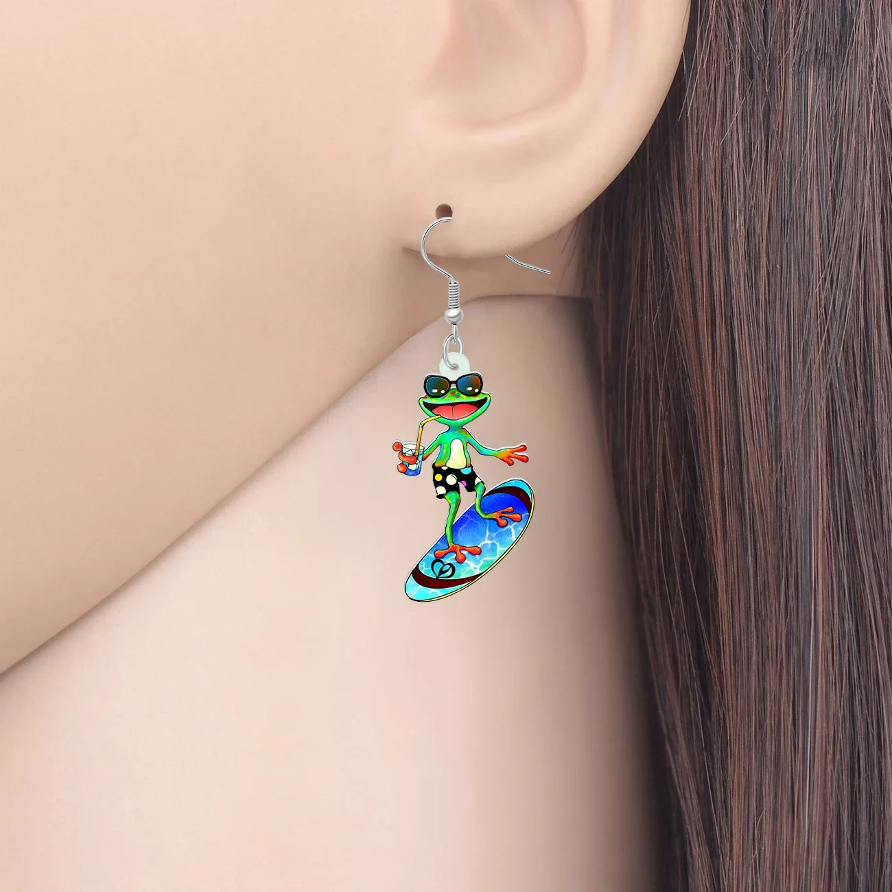 BONSNY Acrylic Hawaii Surfboard Frog Dangle Drop Earrings Jewelry For Women Girls Kids Friends Charms Gifts Accessories