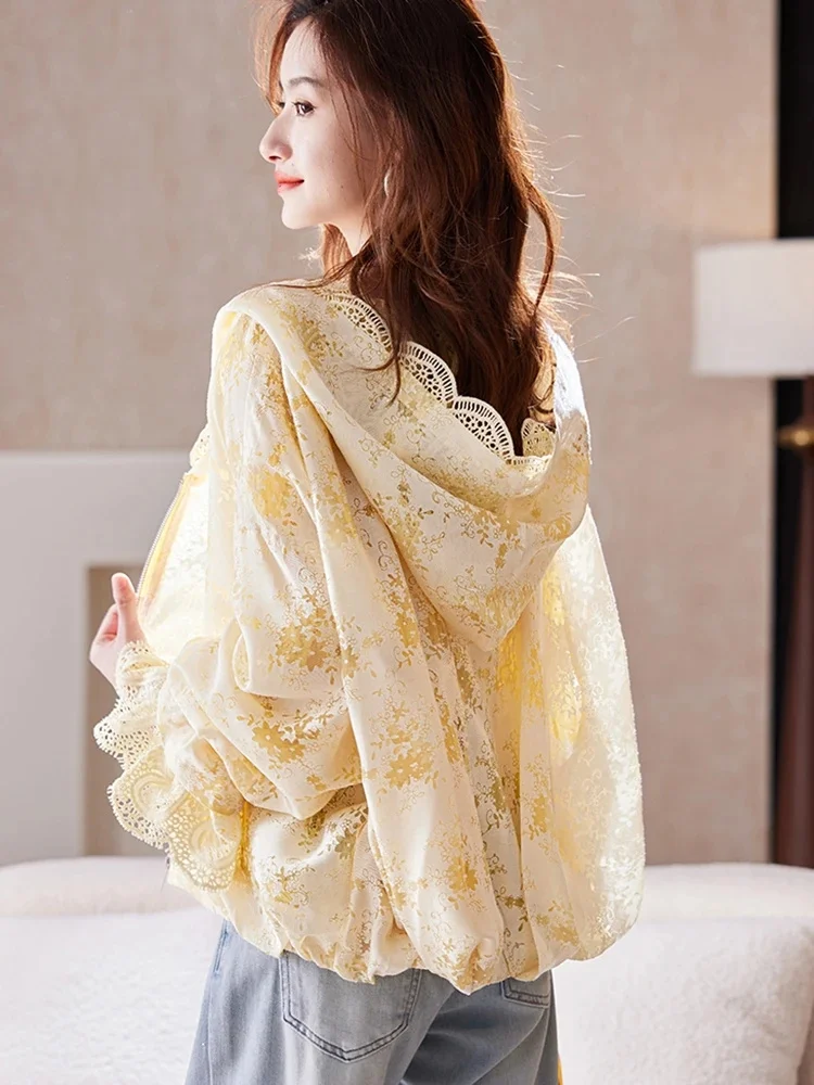 2025 Summer New Hooded Bat Sleeve Lace Coat For Women Stylish Casual Versatile Loose Long Sleeve Sunscreen Clothes Trend