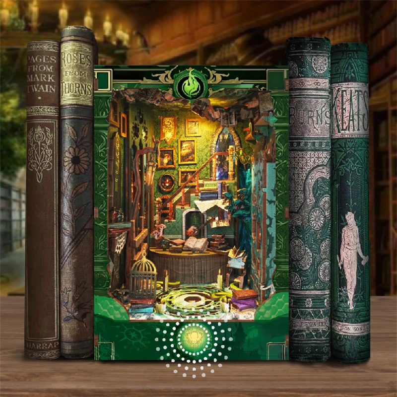 DIY Wooden Snake House Book Nook Shelf Insert Miniature Model Kits Bookshelf With Light Bookend for Friends Birthday Gifts
