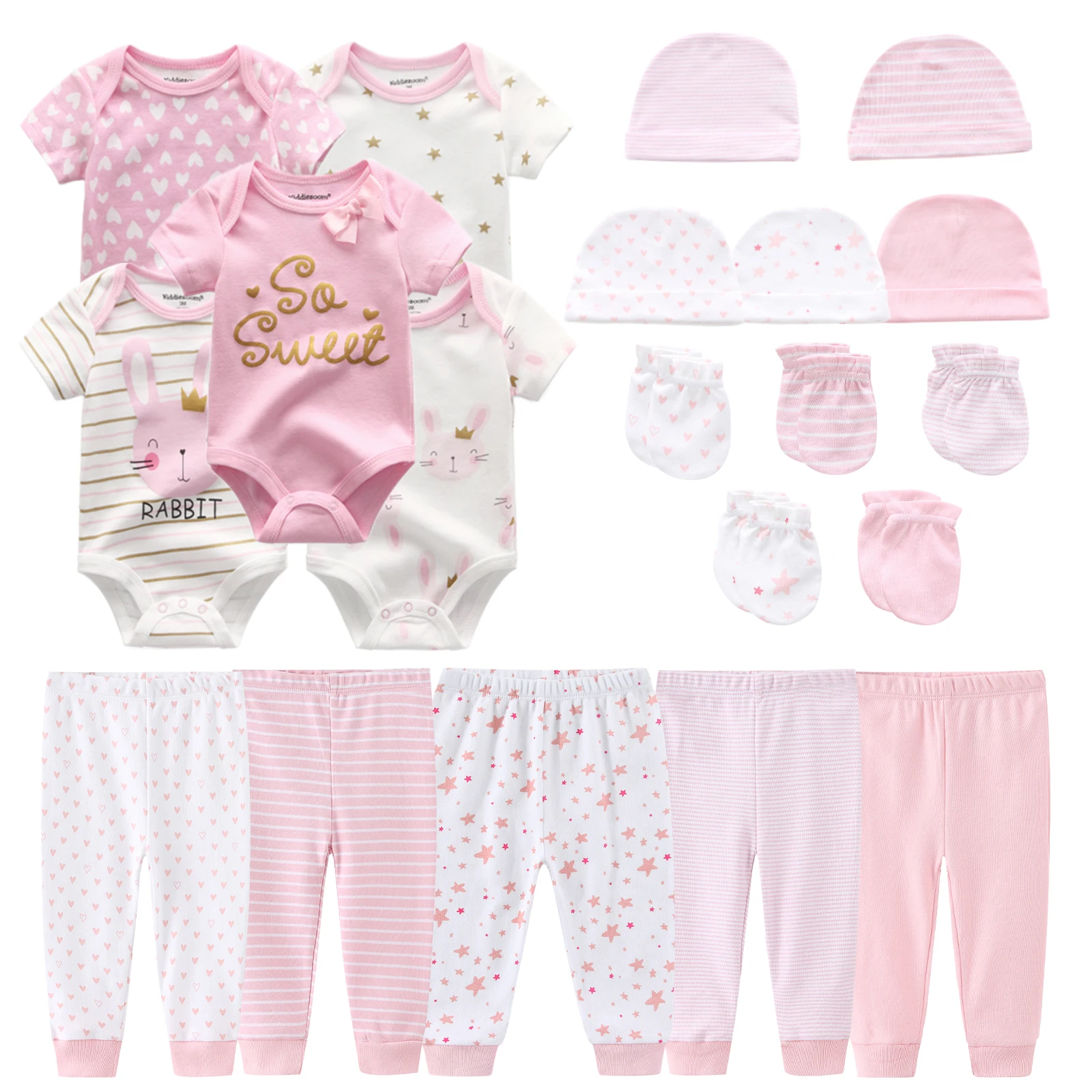 kiddiezoom 20Pcs Unisex Baby Mixed Print Casual Outfit Set, Star Dot Stripe All Season Short Sleeve Soft Cotton Set