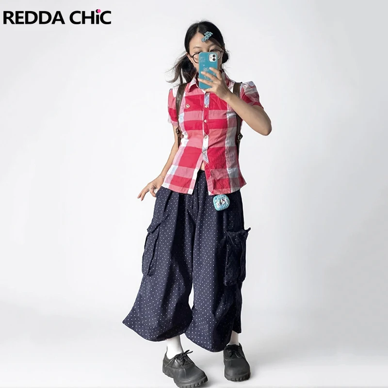 

REDDACHiC Navy Blue Polka Dots Women Jorts Oversized Big Pockets Pleated Cargo Pants Wide Leg Summer Shorts Y2k Retro Clothes