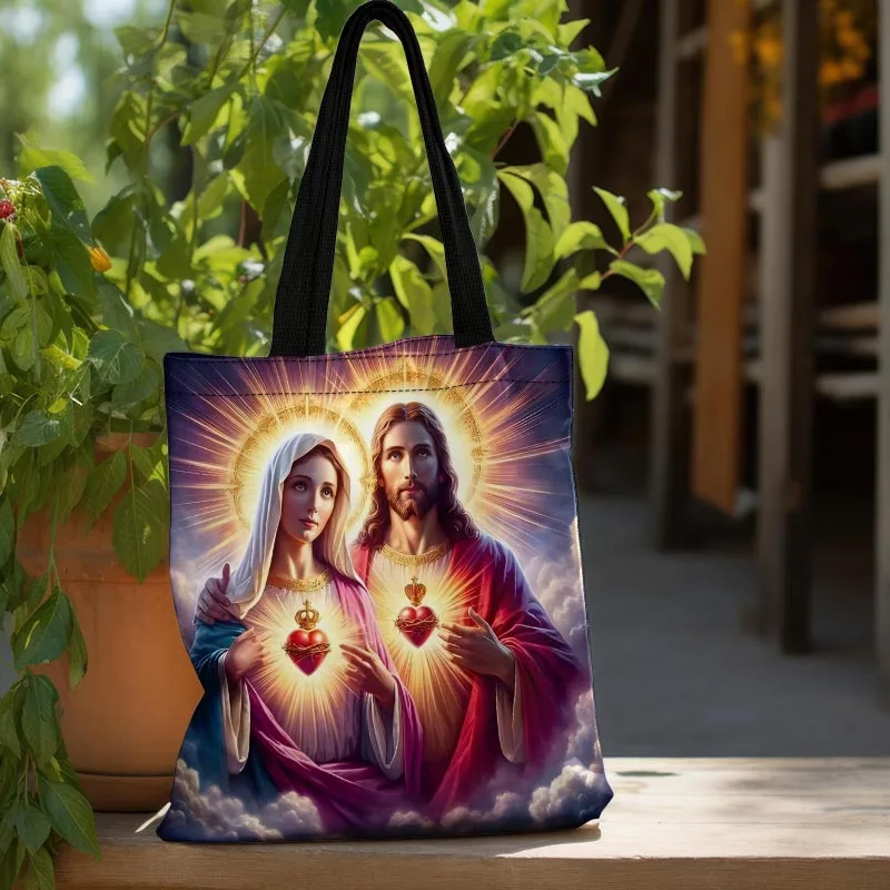Virgin Mary & Jesus Love-Themed Tote Bag - Stylish Beach Shoulder Handbag with Top Handle, Perfect for Shopping, Travel, Work