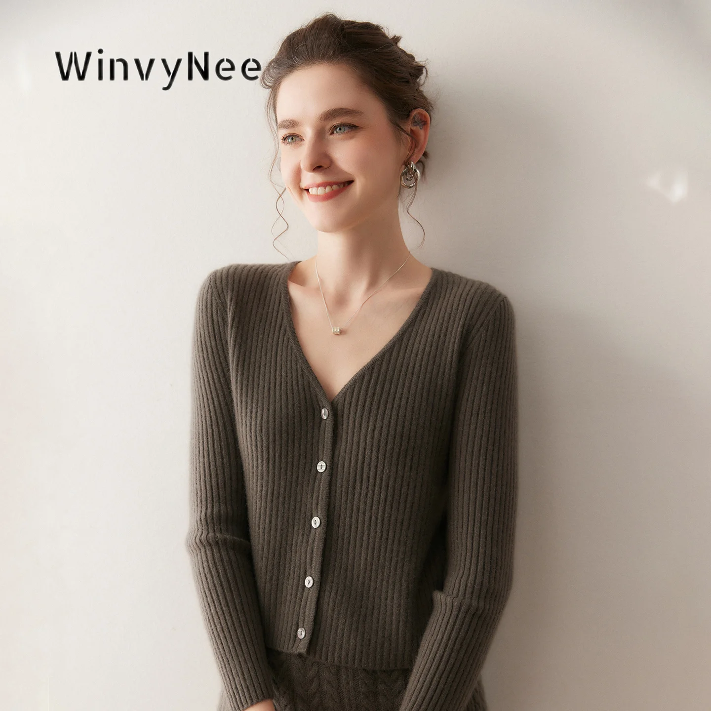 WinvyNee Women Deep V Neck Ribbed Button Cardigans Thermal Skin Fitting Fine Thread Chic Elegant Season Daily Outfit B1654023