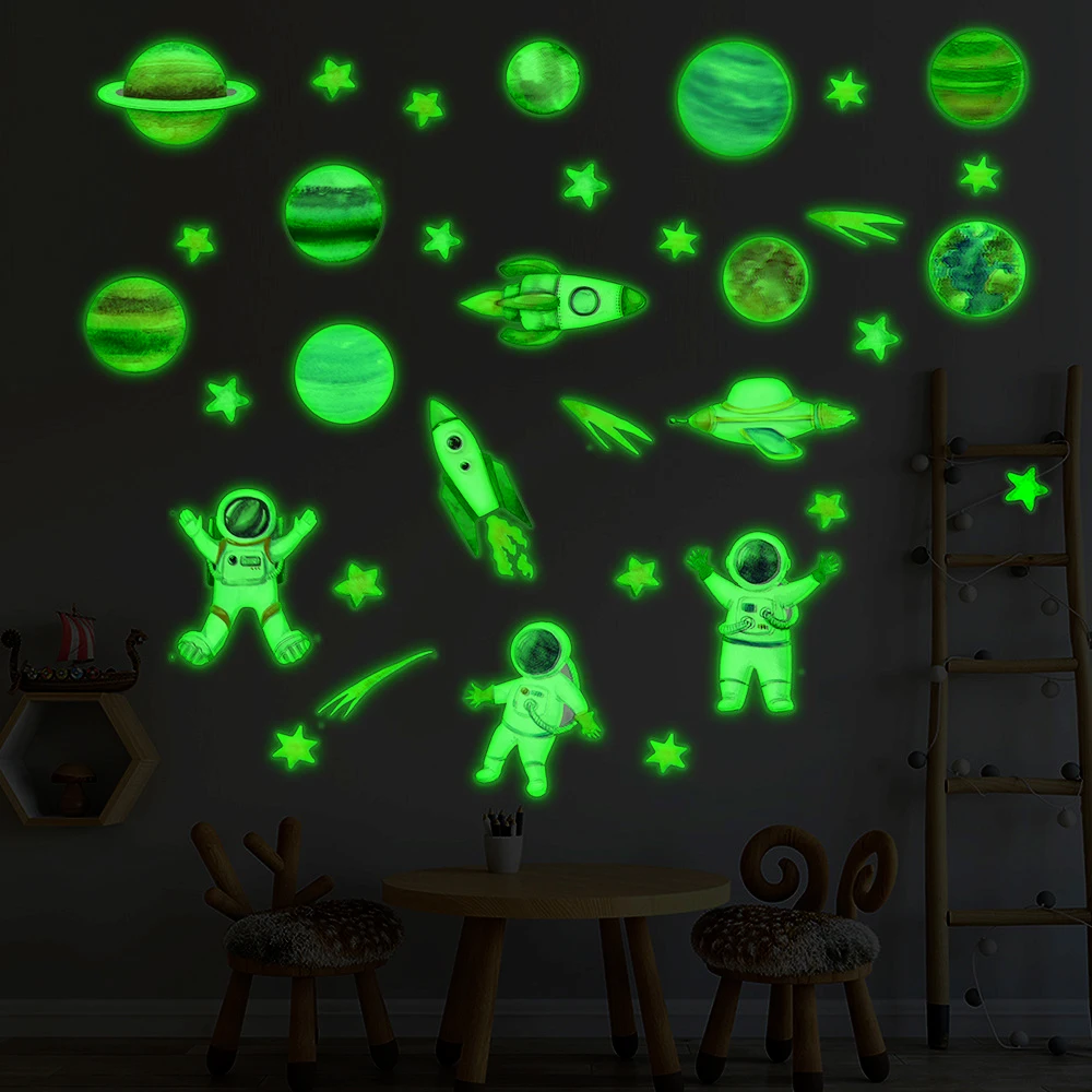 

Cartoon Astronaut Star Rocket Space Luminous Stickers Glow In The Dark For Children's Room Fluorescent Decals Home Decoration