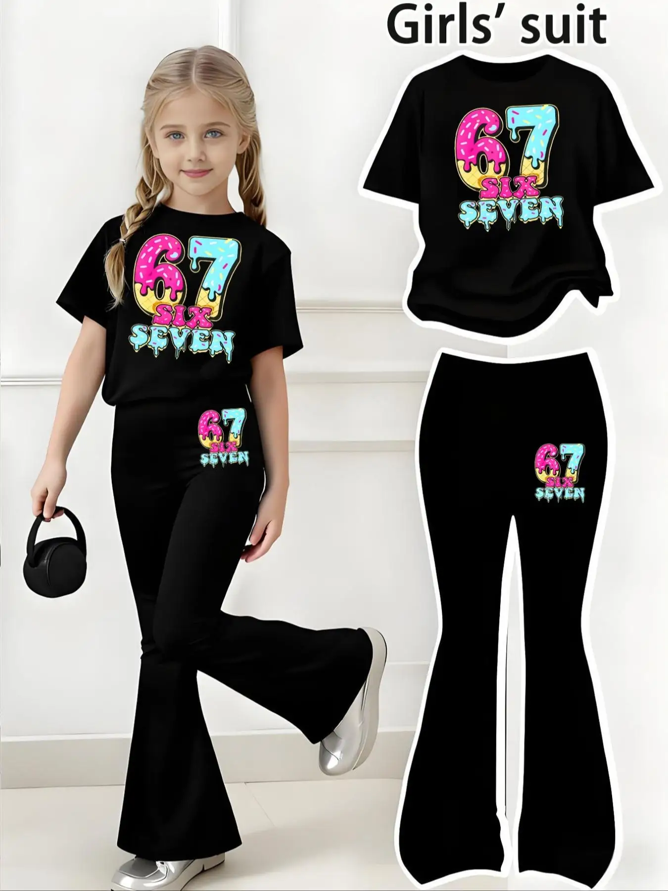 Kinderbekleidung Mädchen-Set 2026 Neuer Stil Cooles Eiscreme-67Six Seven-Muster-Print 2-teiliges Set für Mädchen Freizeit-Sport-Set mit Kurzarm-Oberteil und Schlaghose Geeignet für 4-12 Jahre