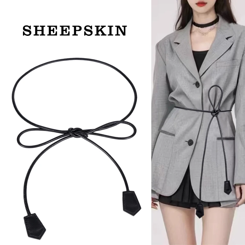 Casual Sheepskin Genuine Leather rope belt Women Retro Luxury knotted waist pant adjust dresses accessories women belt rope