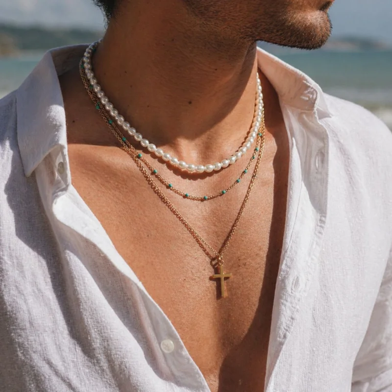 Elegant Men's Choker Necklace Featuring Unique Pearl Patchwork Design Premium Quality Fashion Accessory for Modern Urban Style
