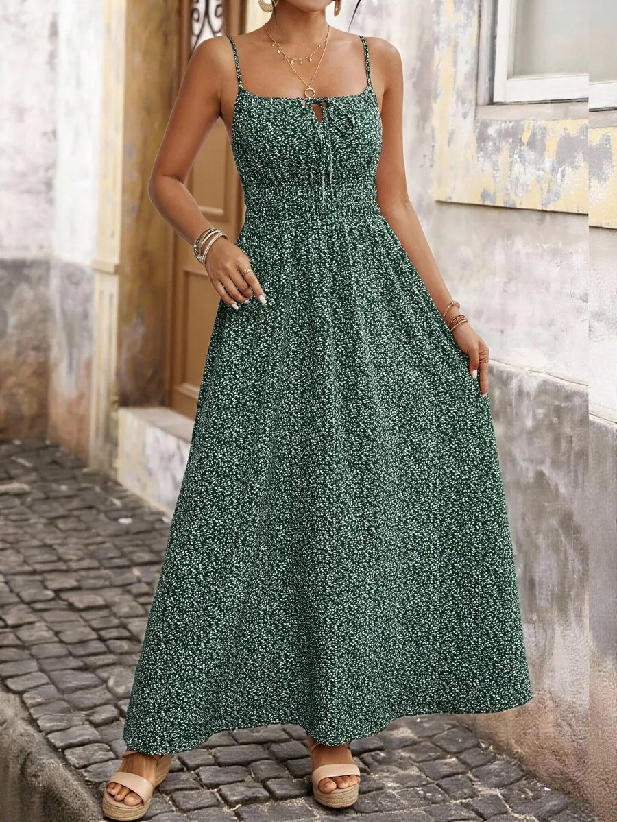 

Womens Floral Print Sleeveless Knot Strap Maxi Dress