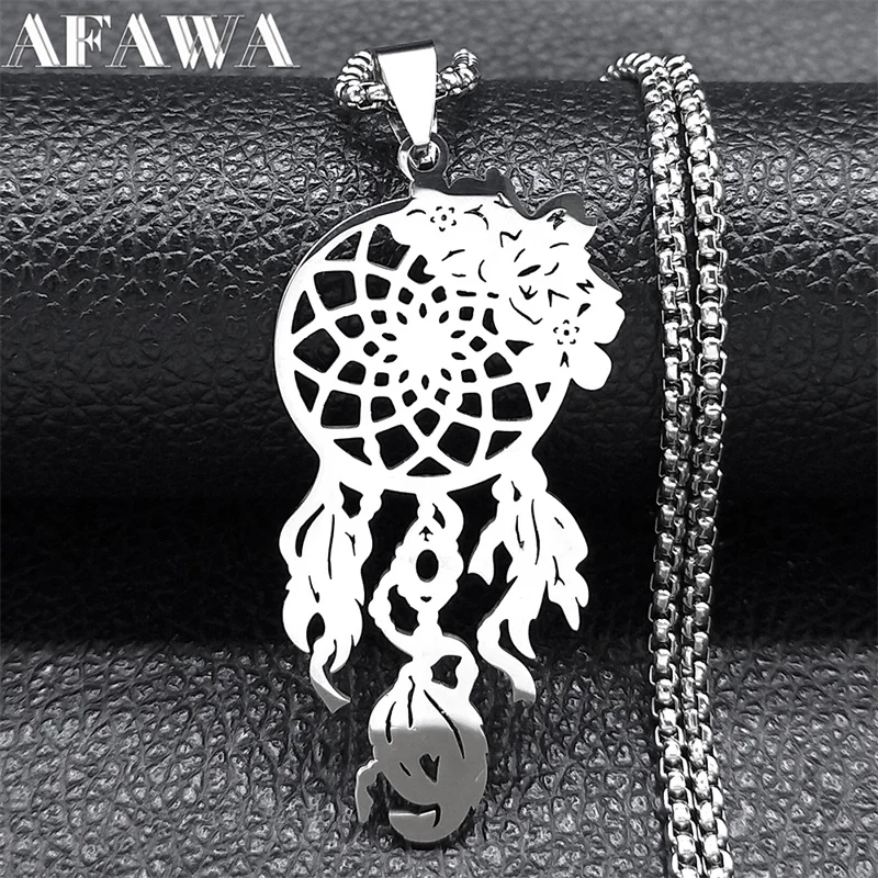 

Boho Flower Dream Catcher Feather Necklace for Women Men Stainless Steel Silver Color Summer Necklaces Jewelry collares N9734S02