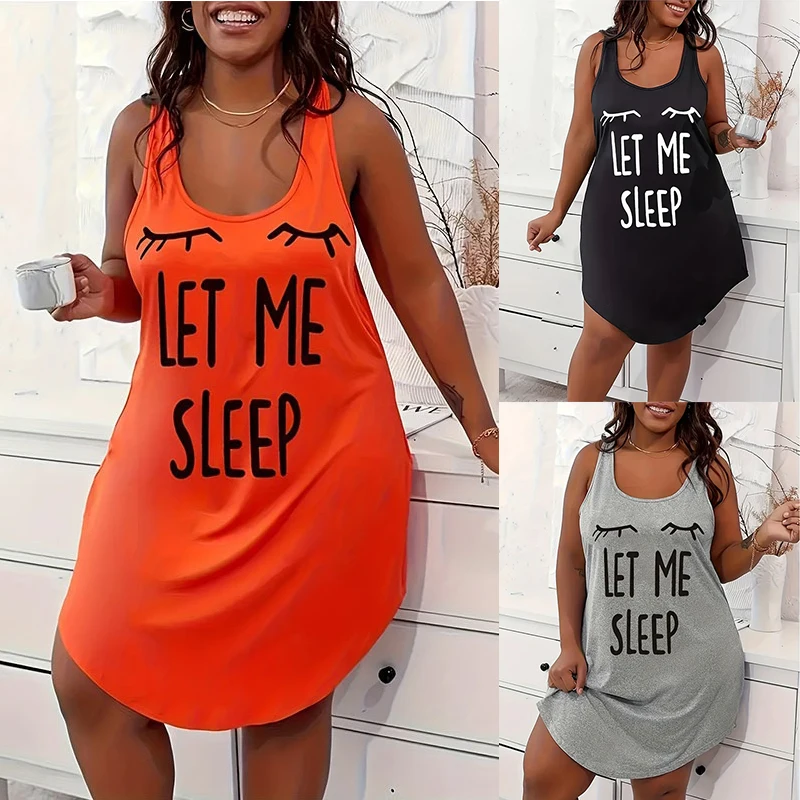 

Plus-size ladies Women's Casual Vest Dress Plus Size Eyelashes and Letters 3D Printed Racing Vest Nightdress Sleepwear Women