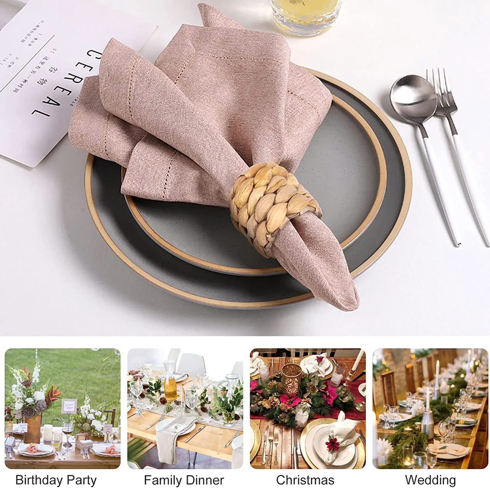 Reusable Natural Material Straw Rope Woven Napkin Holder Water Hyacinth Grass Napkin Buckle Napkin Ring Wedding Table Decor