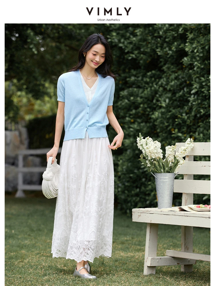 VIMLY Korean Fashion White Lace Skirt Women 2025 Summer Hollowed-out Lace 2025 Elegant Lady High Waist Swing Long Skirt A1392