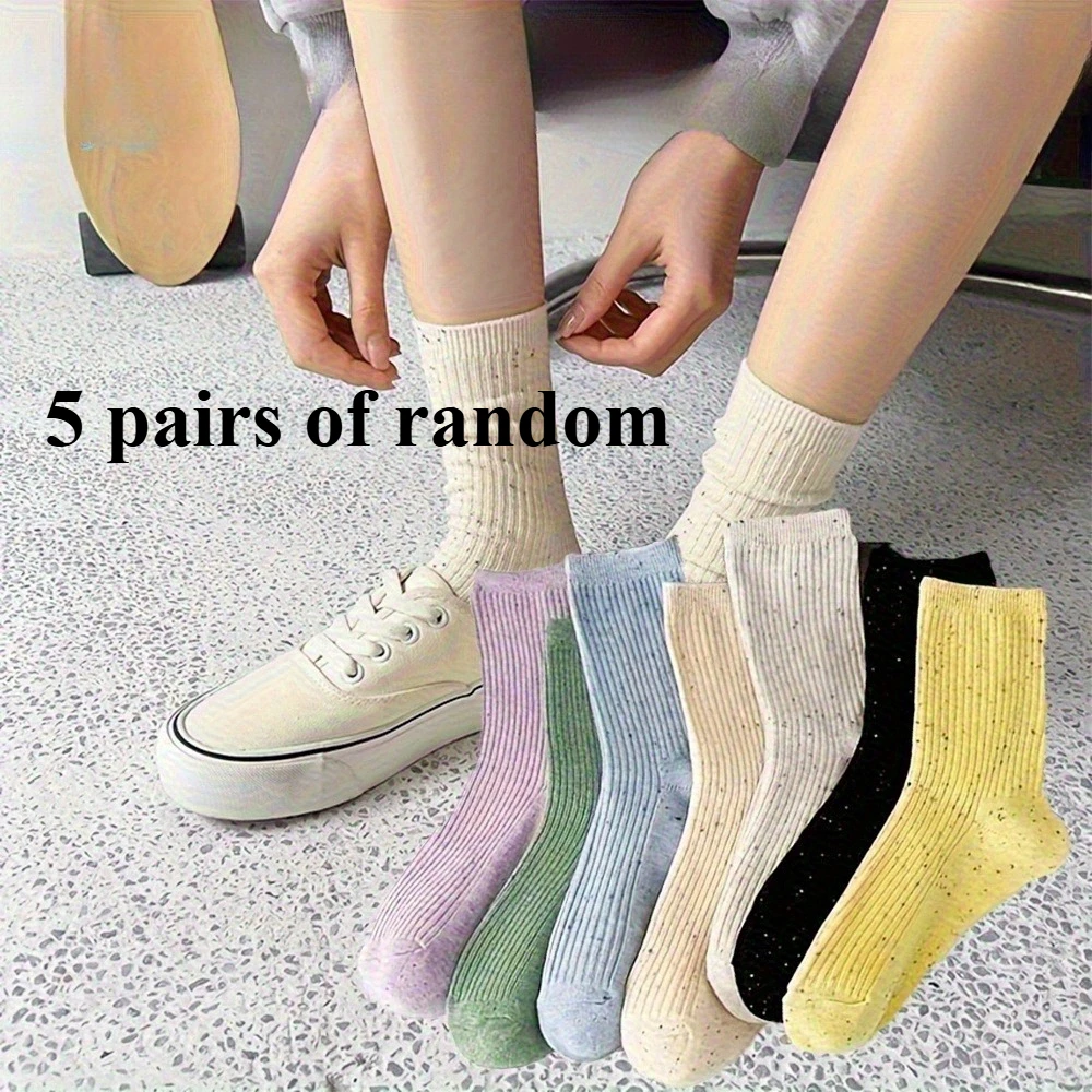 5 pairs of women's mid season socks in solid color and simple style, suitable for daily wear