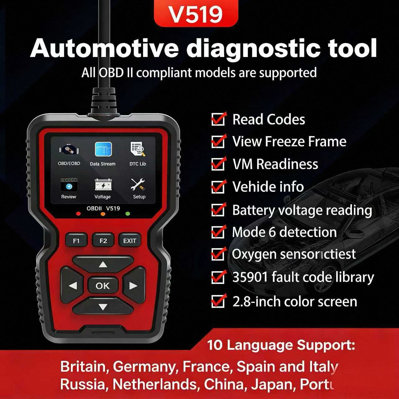 

V519 OBD2 Сканер Полные режимы OBDII Автомобильный диагностический инструмент Устройство чтения кодов потока живых данных с облачной печатью и проверкой напряжения аккумулятора