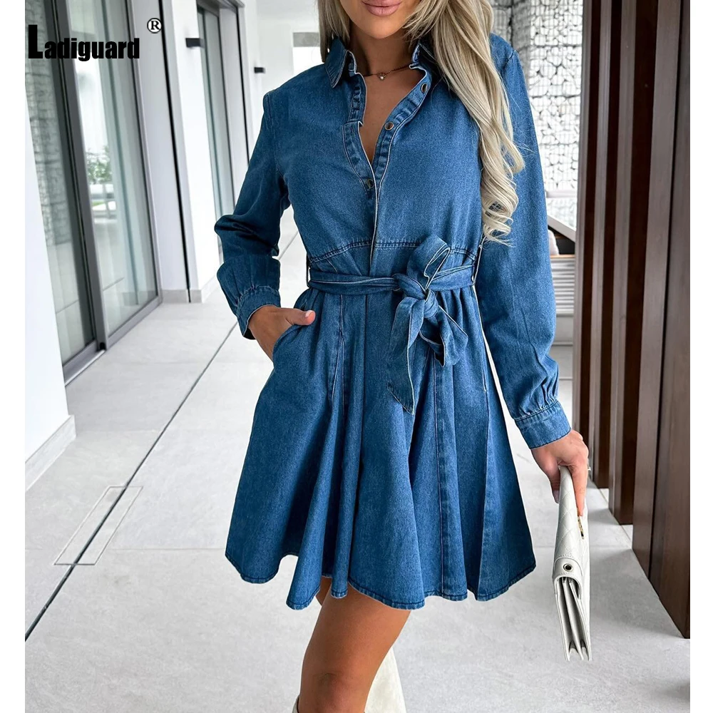 

2023 Sexy fashion Lepal Collar Sashes Dress Women Short Demin Dress Mini Robe Long Sleeve Patchwork Casual Street Denim Dresses