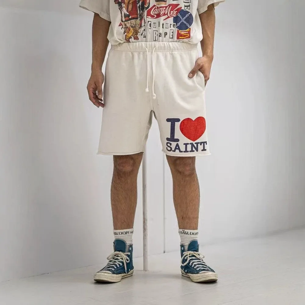 

Saint Mx6 Love Saint Letter Print Shorts American Retro Frayed Hem Loose Five-Quarter Length Trendy Casual Cotton Shorts