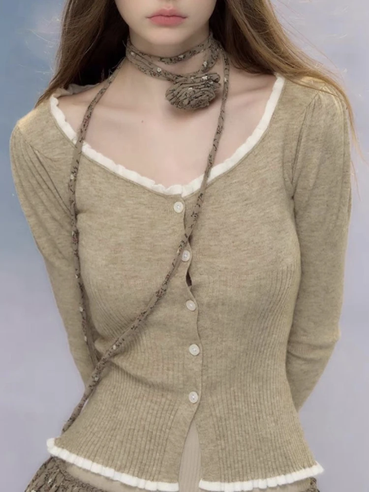 

Fashion All Match Thin Sweaters Long Sleeve Single Breasted Ruffles Contrast Color Cardigan Knit Crop Tops 2025 Women's Clothing