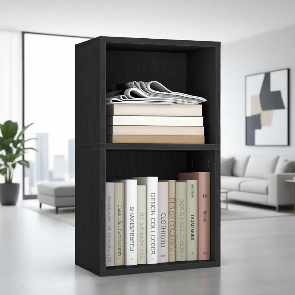 

Двухуровневый книжный шкаф, открытые полки для хранения, 9,4x11,8x25,2 дюйма, гостиная, домашний офис, столовая, черное дерево