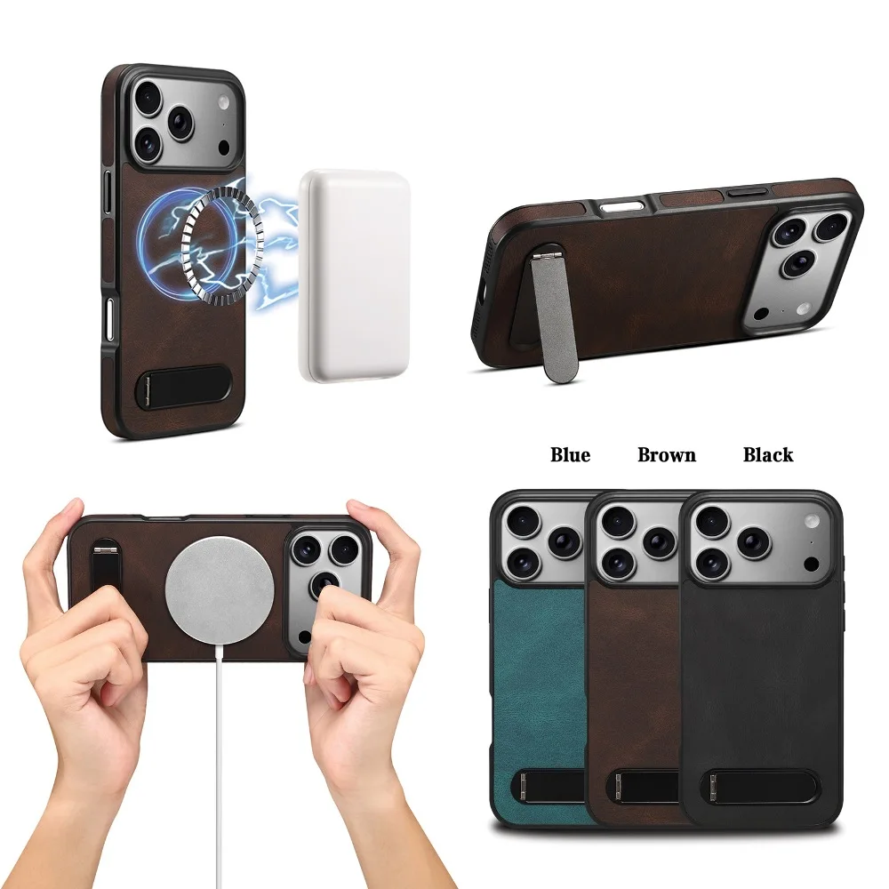 

Magnetic Hide Stand Leather Phone Case for iPhone 16 15 14 13 Pro Max 17 Air with Support Wireless Charging