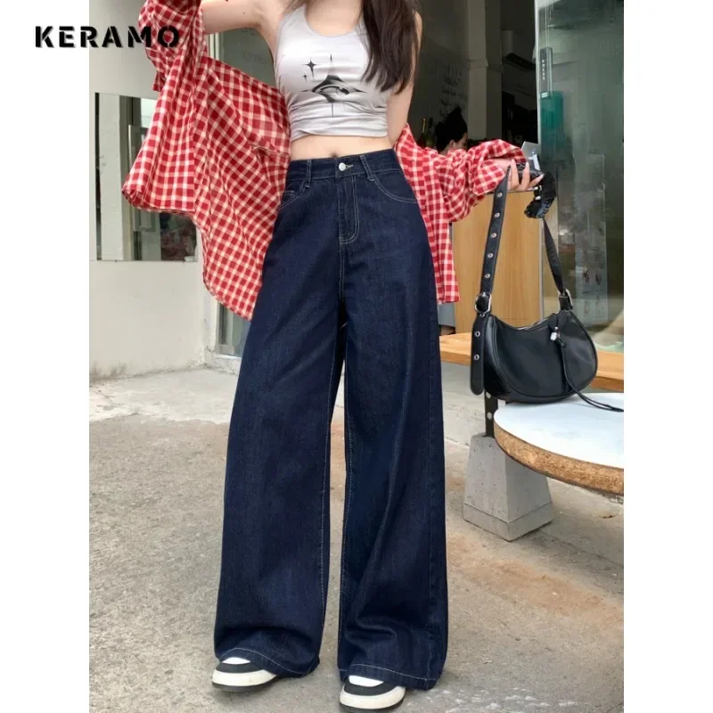 2025 Autumn Women's Casual Harajuku Jeans Vintage Aesthetic Mopping Loose Washed Pants Y2K Solid Color Punk Baggy Denim Trouser