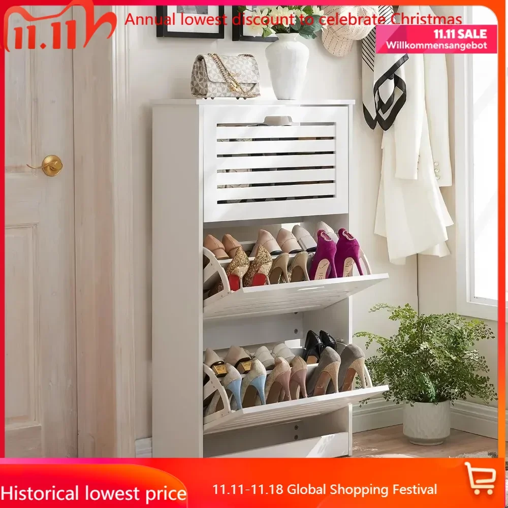 

Narrow Shoe Cabinet with 3 Flip Drawers Freestanding Shoe Cabinet Organizer with Hidden Handle Wooden Shoe Rack Storage Cabinet