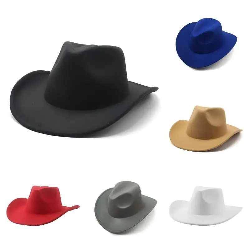 

British Style Western Cowboy Hat Trendy Outdoor Gentleman Soft Felt Hat Large Brim Wool Solid Color Jazz Hat