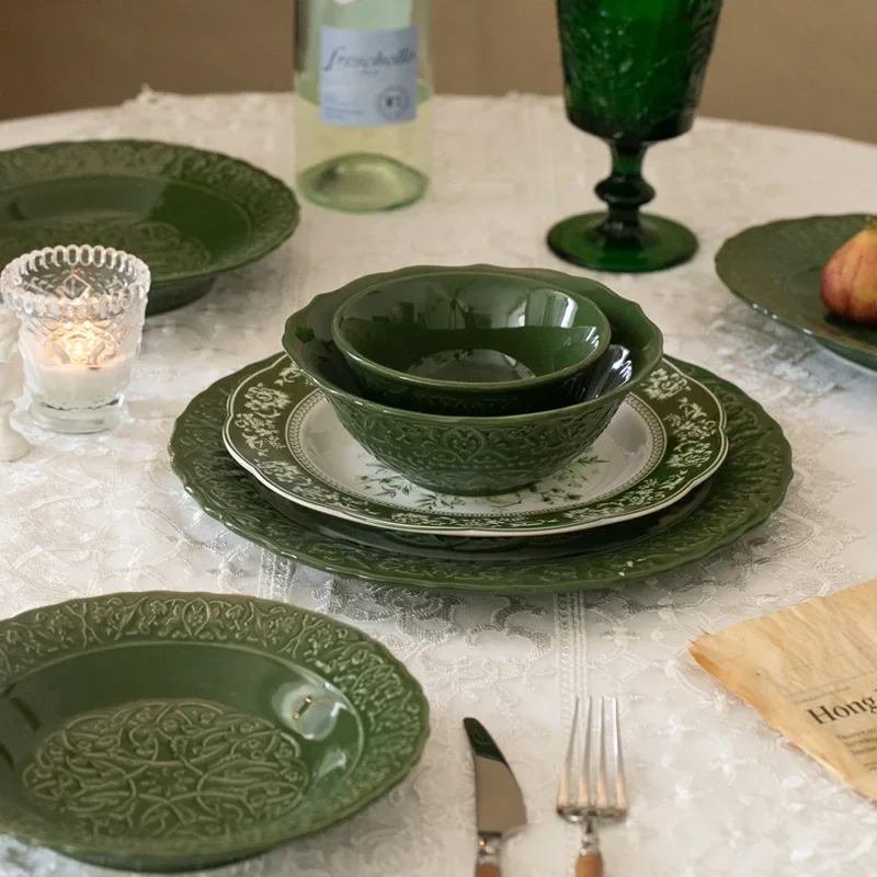 French Emerald Retro-style Embossed Lace Ceramic Dinner Plates, Ceramic Bowls, Rectangular Snack Plates, Steak Plates
