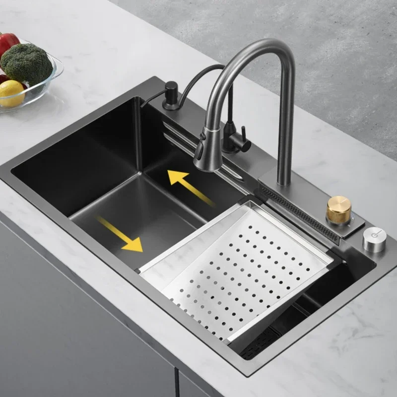 Factory Direct 2026 Executive Black Grey Nano Kitchen Sink Large Size Wash Basin Waterfall Single Bowl Topmount Undermount Kitch