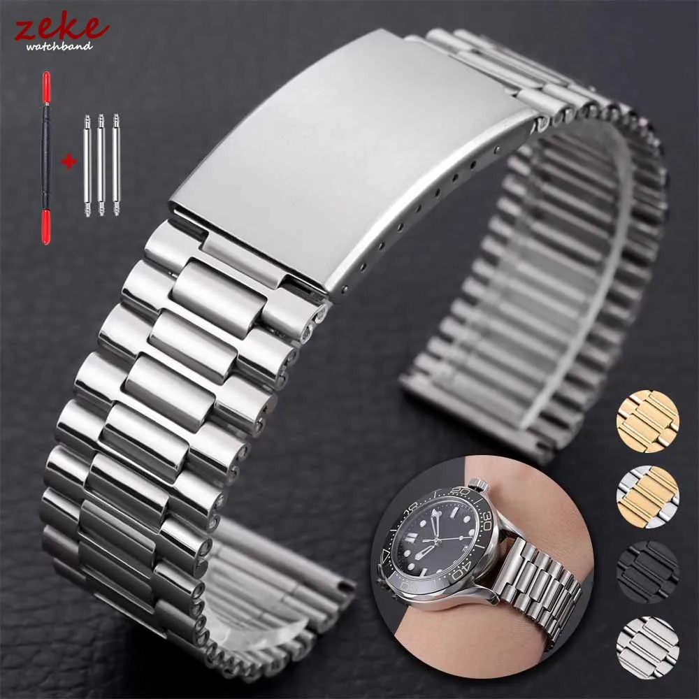 18 mm 20 mm 22 mm Edelstahl-Uhrenarmbänder, silberfarbenes und goldenes Metall-Uhrenarmband, faltbare Sicherheitsschnalle, universelles Armband für Seiko