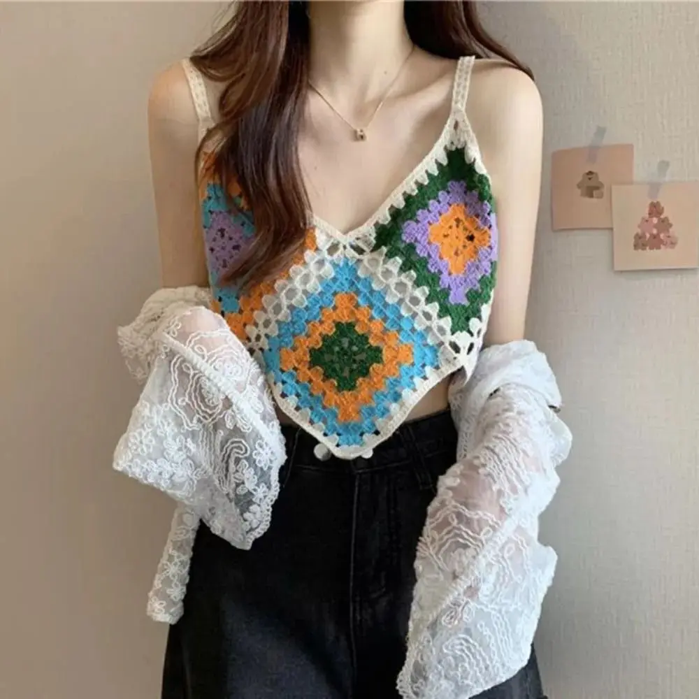 High-quality V-Neck Crop Tops Sleeveless Crochet Knitted Camisoles Hollow Bikini Tanks