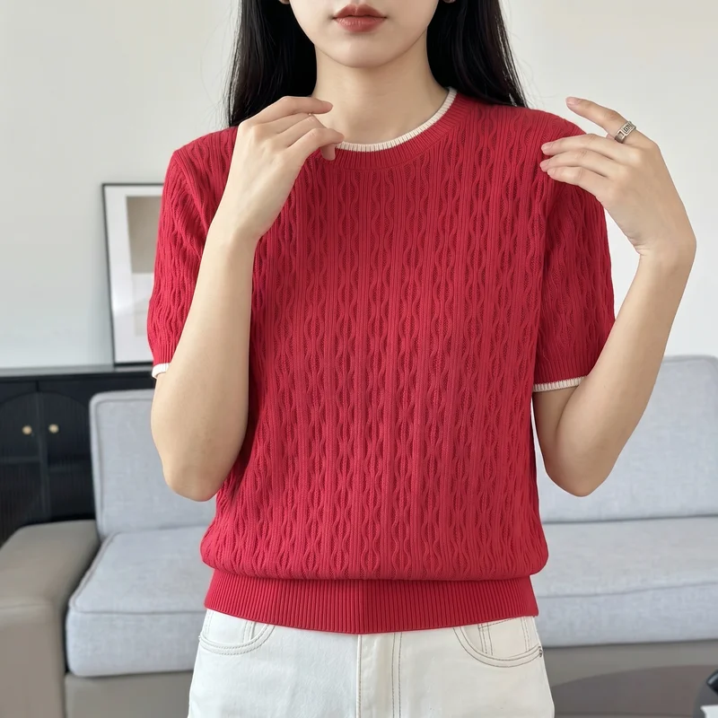 

Summer 100% pure cotton women's short sleeved casual solid color T-shirt round neck Tees loose pullover Tops knit Blouse basic
