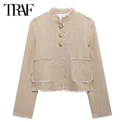 TRAF Women's Jacket  Khaki Crop Jacket Linen Blended Long Sleeve Outerwears Demi-Season O-Neck Button Short Coat Office Wear Top