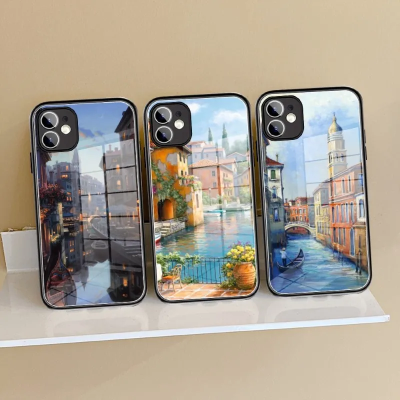 Japanese Anime Hand Painted House scenery Phone Case Tempered Glass FOR IPhone 14 13 11 12 Pro 8 7 Plus X 13 Pro MAX MINI Covers