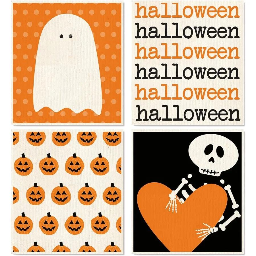 

4 Packs Halloween Swedish Dishcloths Cute Ghost Pumpkin Skeleton Kitchen Towels Reusable Cotton Absorbent Dish Towels for Home