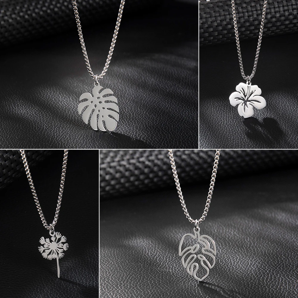 Shuangshuo 1 Piece Hollow Monstera Leaf Pendant Necklace Stainless Steel Palm Leaf Necklaces Gift Supernatural Jewelry Gifts