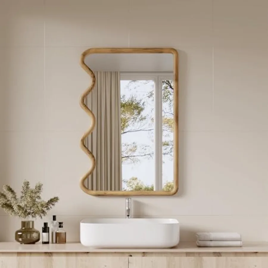

Wavy Mirror for Wall, Rustic Wood Mirror for Bathroom Vanity, 24x36 Wooden Wall Mirrors Decorative for Bedroom, Living Room, En