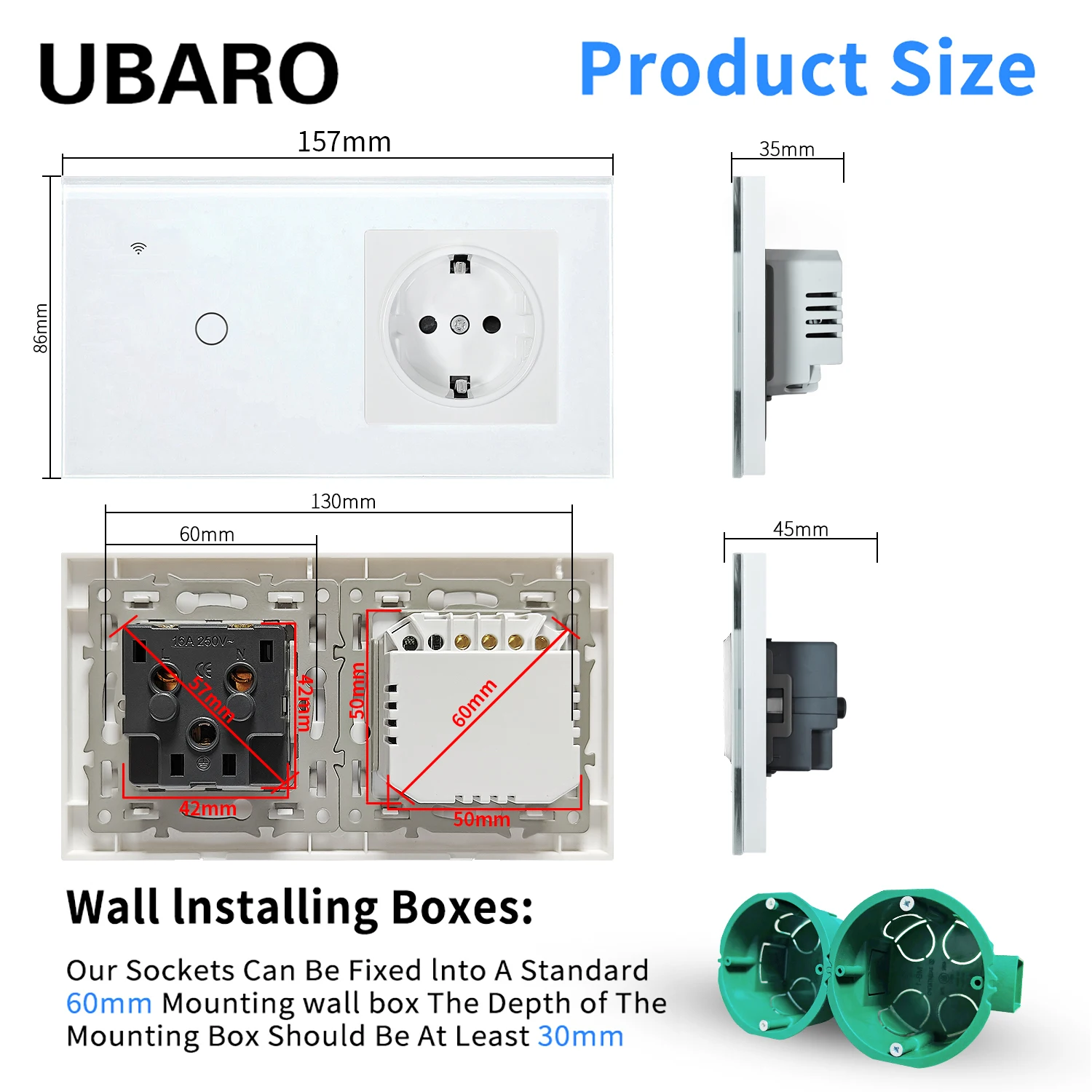 UBARO EU 157*86mm Tuya Smart Home Wifi Interruttore a parete Presa Inteligente Interruttori del sensore Funziona con Alexa Alice Assistant Voice APP