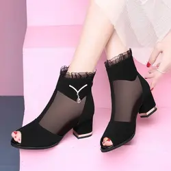 Spring Summer Sandals Women 2022 Peep Toe Sandals Boots Women PU Leather Summer Mesh Shoes Low Heels Back Zip BLACK Sandalias