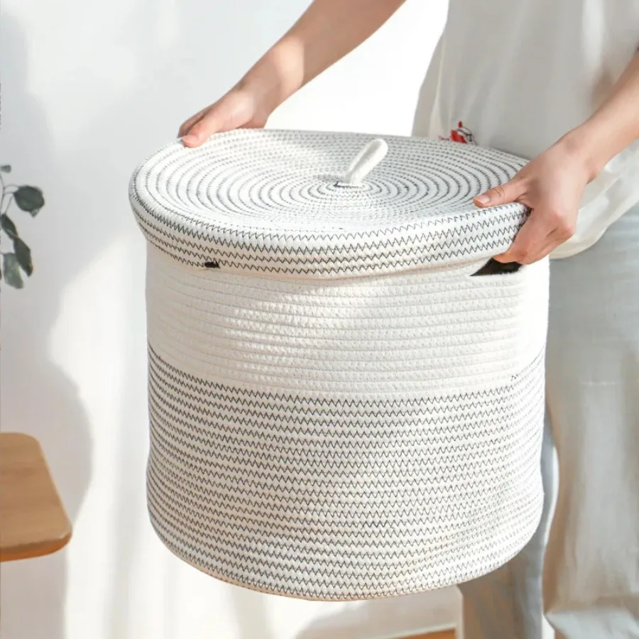 Foldable Weave Woven Cotton Rope Dirty Clothes Basket with Cover Clothes Toys Organizer Round Storage Laundry Basket