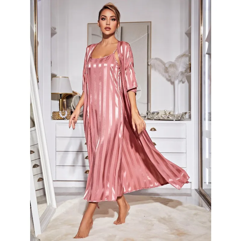 

2pcs Set Women's Satin Satin Slip Dress & Robe Set - Long Sleeve Silk-Like Loungewear, Elegant Pajamas Homewear