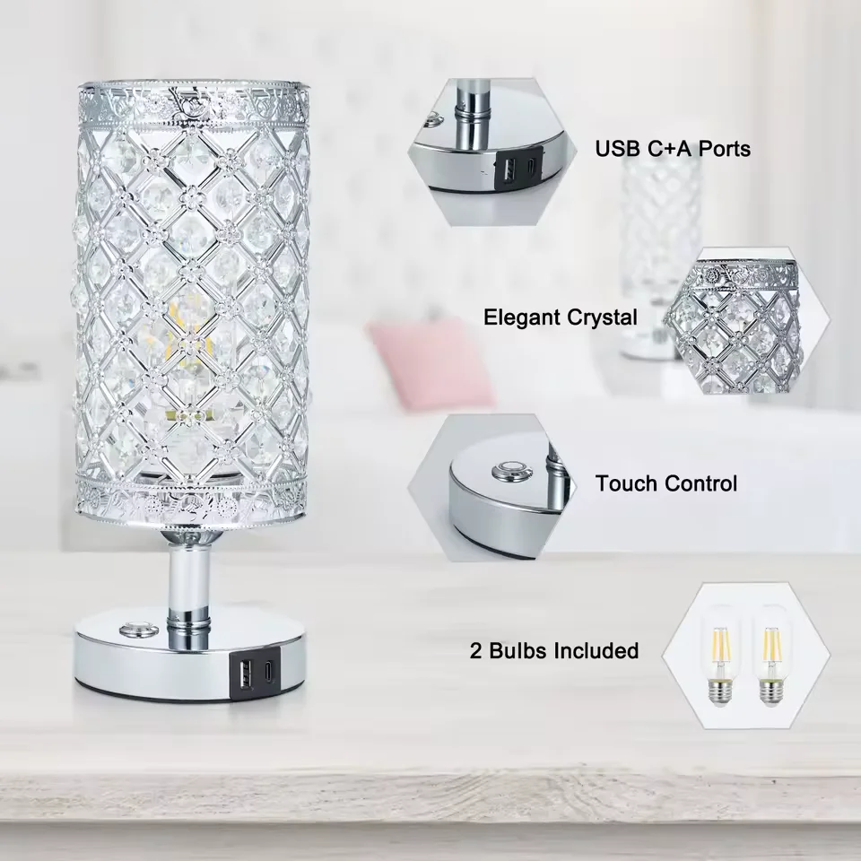 USB 크리스탈 터치 테이블 램프 3000K 따뜻한 흰색 LED 전구 USB C+A 충전 포트 4000MAH 배터리 침실 스탠드 조명 6W