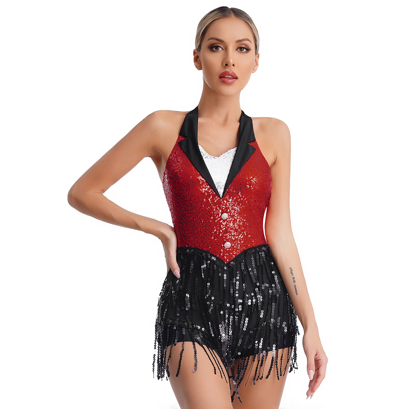 Shiny Sequins Jazz Latin Dance Dress For Women Sparkly Tassel Leotard Bodysuit Sleeveless Salsa Tango Dance Performance Costume