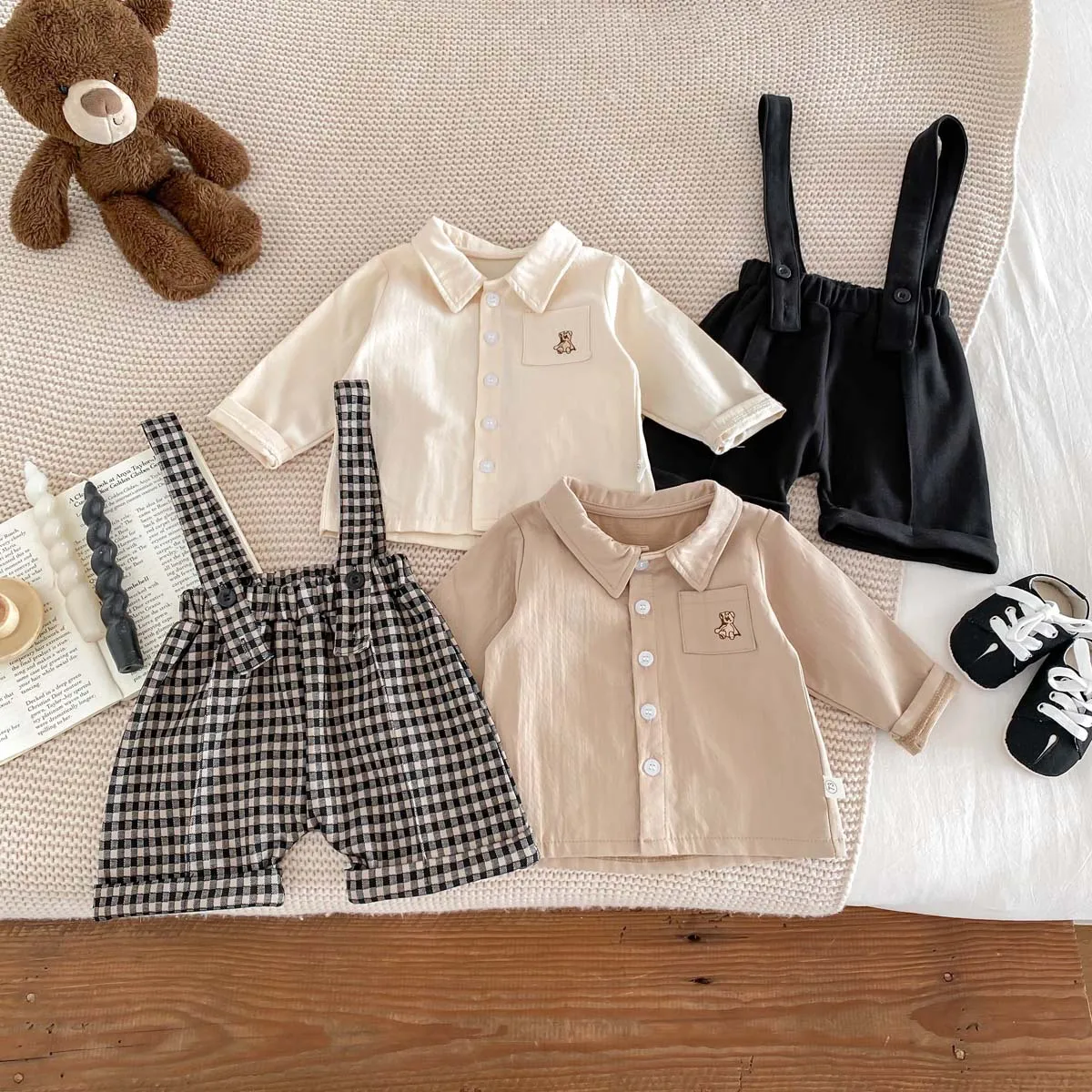 2024 Spring New in Kids Baby Boys Cute Clothes Infant Turn-down Collar Top Shirts+plaid Overalls Shorts Toddler Clothing 3M-3Y