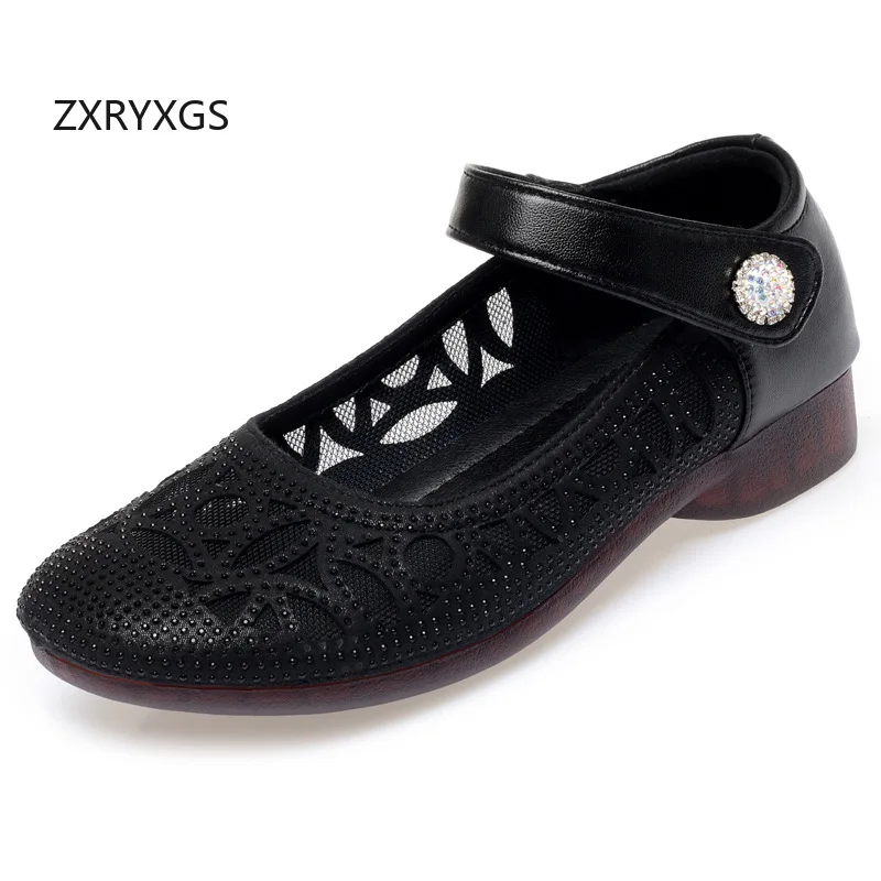 

ZXRYXGS Genuine Leather Mesh Sandals Rhinestone Shoes Woman New 2025 Summer Round Toe Elegant Fashion Sandals Flat Large Size