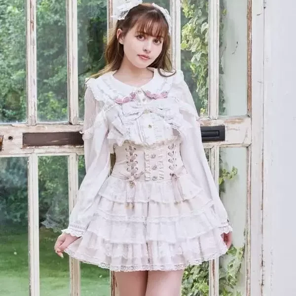 Japanese Liz Mine Style Lolita Skirt Women's Cute Girls Lace Elastic Waist Skirt Ladies Big Bow Short Sleeve Shirt Spring 2025