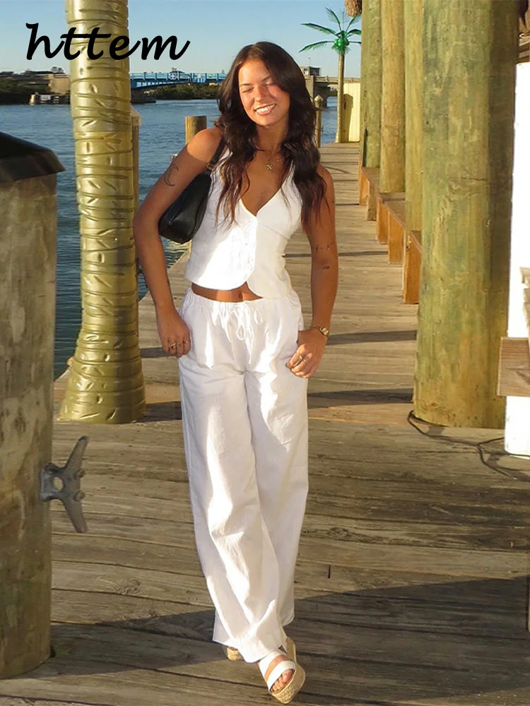 

Elegant Solid Vest Pants Sets Women Slim Halter Backless Vests Lace Up Wide Leg Pant 2025 Spring Summer Lady Casual Outfits New
