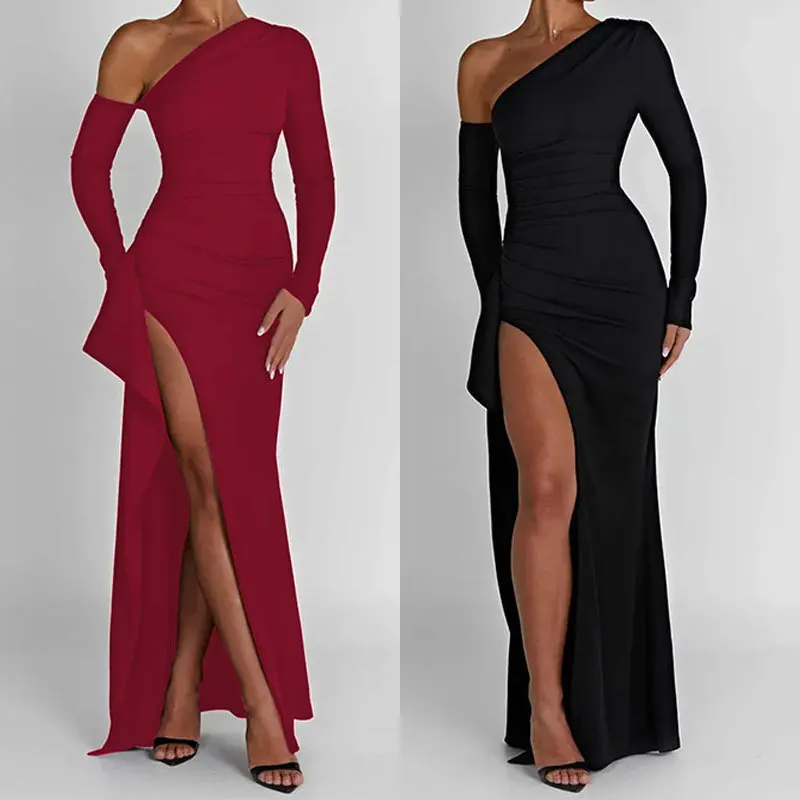 

Summer Hot selling women's clothing sexy Slanted shoulder Elegant Women's dress folds Solid color slim high slit female dress