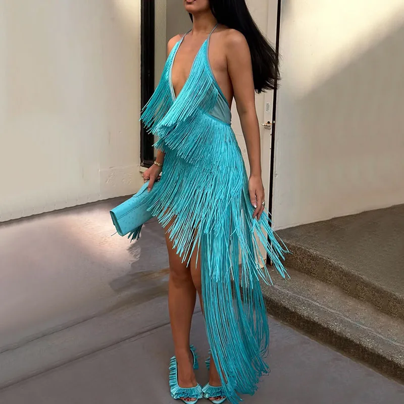 Sexy Neckholder-Kleid mit V-Ausschnitt und Quasten für Damen, Luxuriöses Geburtstagskleid 2026, Party-Club-Outfit, Ärmellos, Rückenfrei, Mini-Kleid für den Abend